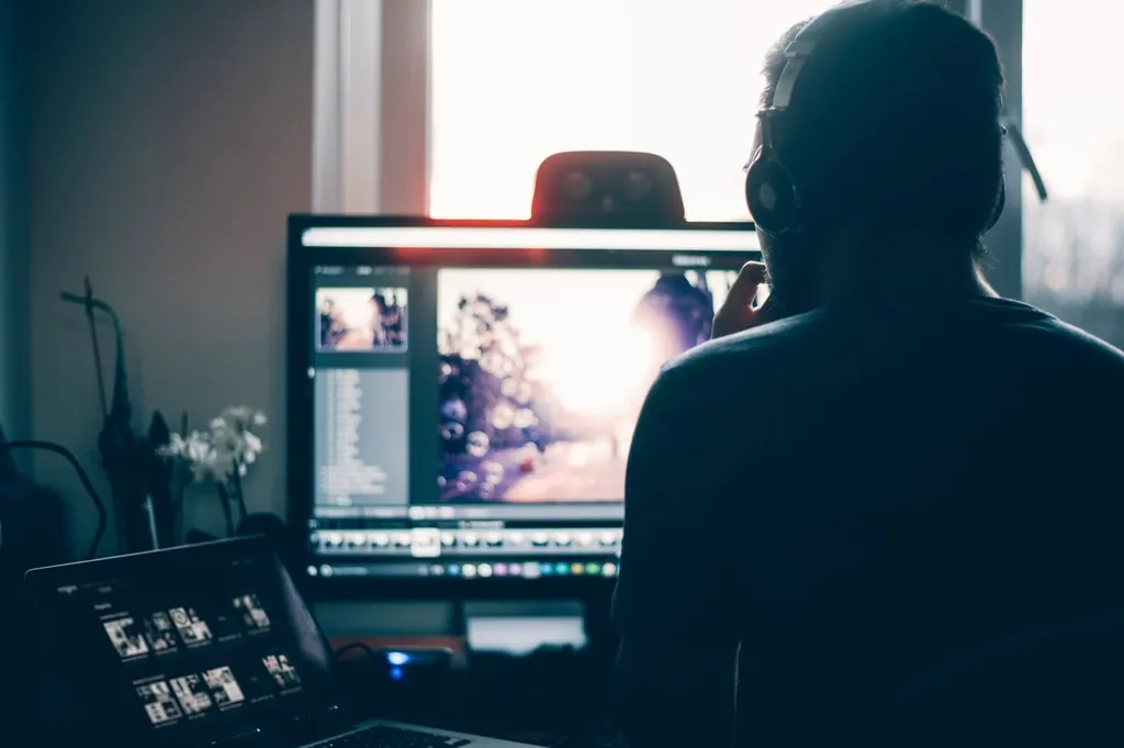 A creative professional working at a computer in a dim studio