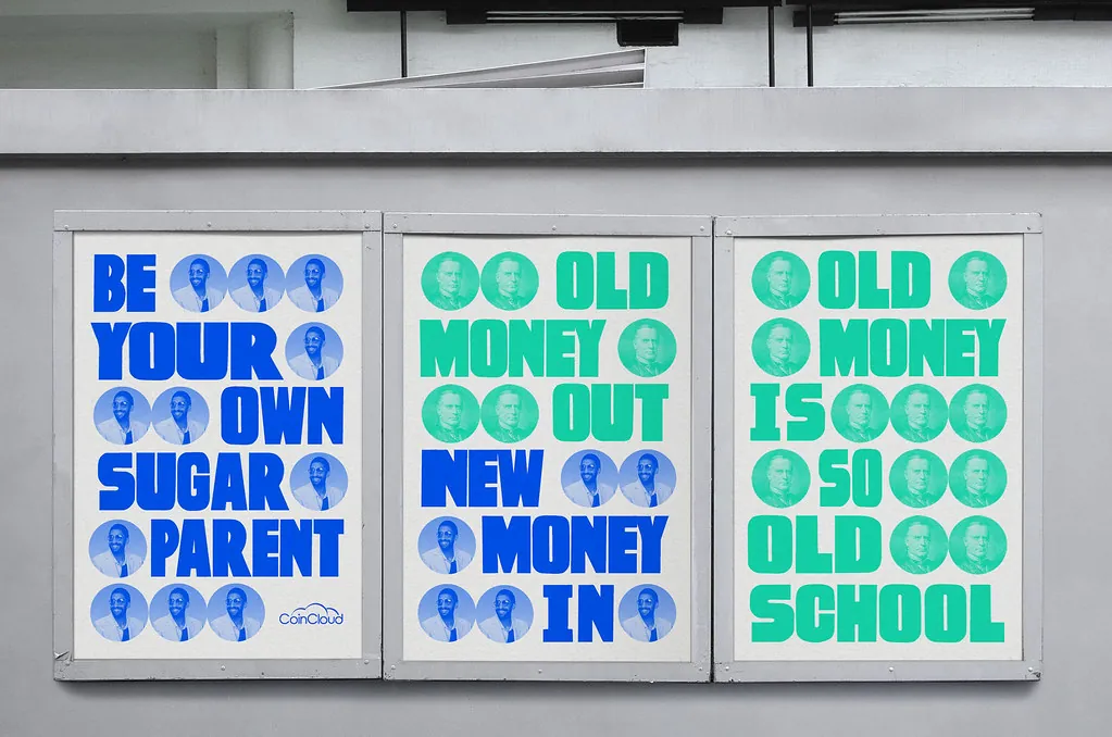 A set of boldly typeset printed poster panels