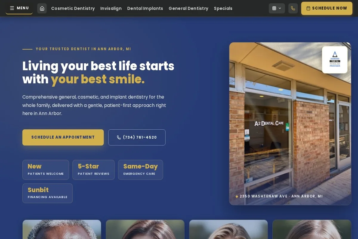 Homepage screenshot of the A2 Dental Care website built by Vertex Digital Studios
