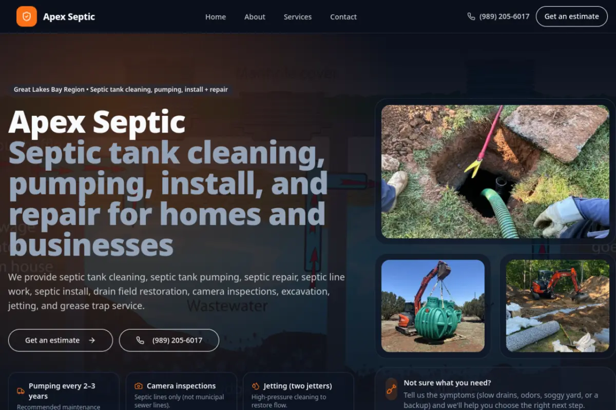 Homepage screenshot of the Apex Septic website built by Vertex Digital Studios