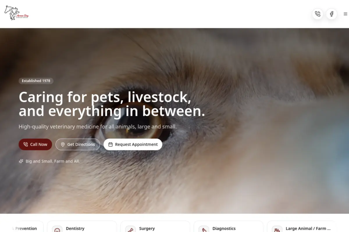 Homepage screenshot of the Arenac Bay Veterinary website built by Vertex Digital Studios
