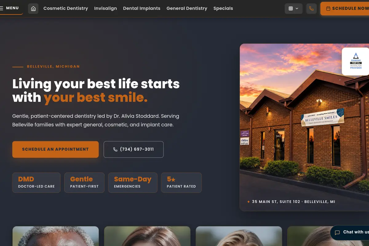 Homepage screenshot of the Belleville Smiles Dental website built by Vertex Digital Studios