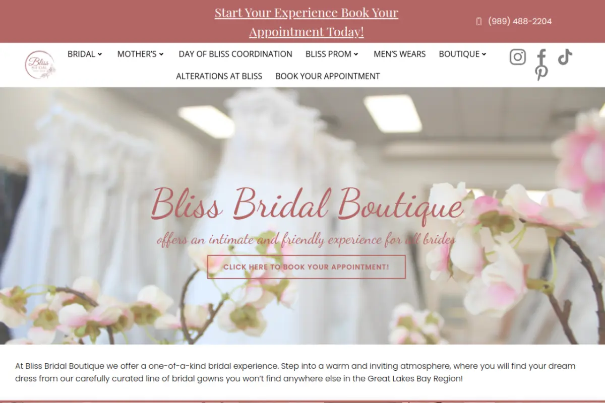 Homepage screenshot of the Bliss Bridal Boutique website built by Vertex Digital Studios