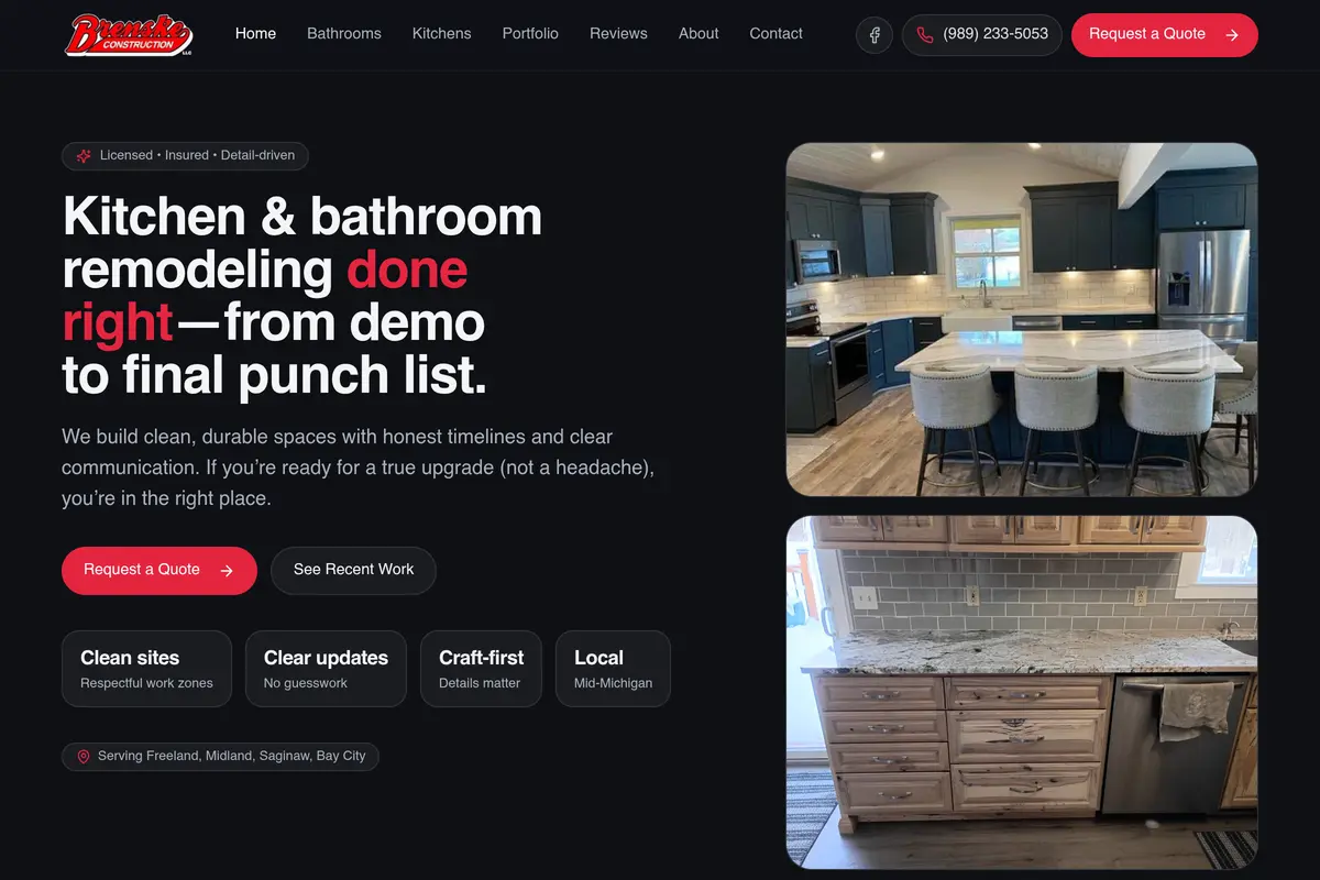 Homepage screenshot of the Brenske Construction website built by Vertex Digital Studios