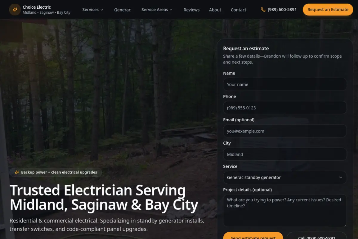 Homepage screenshot of the Choice Electric website built by Vertex Digital Studios
