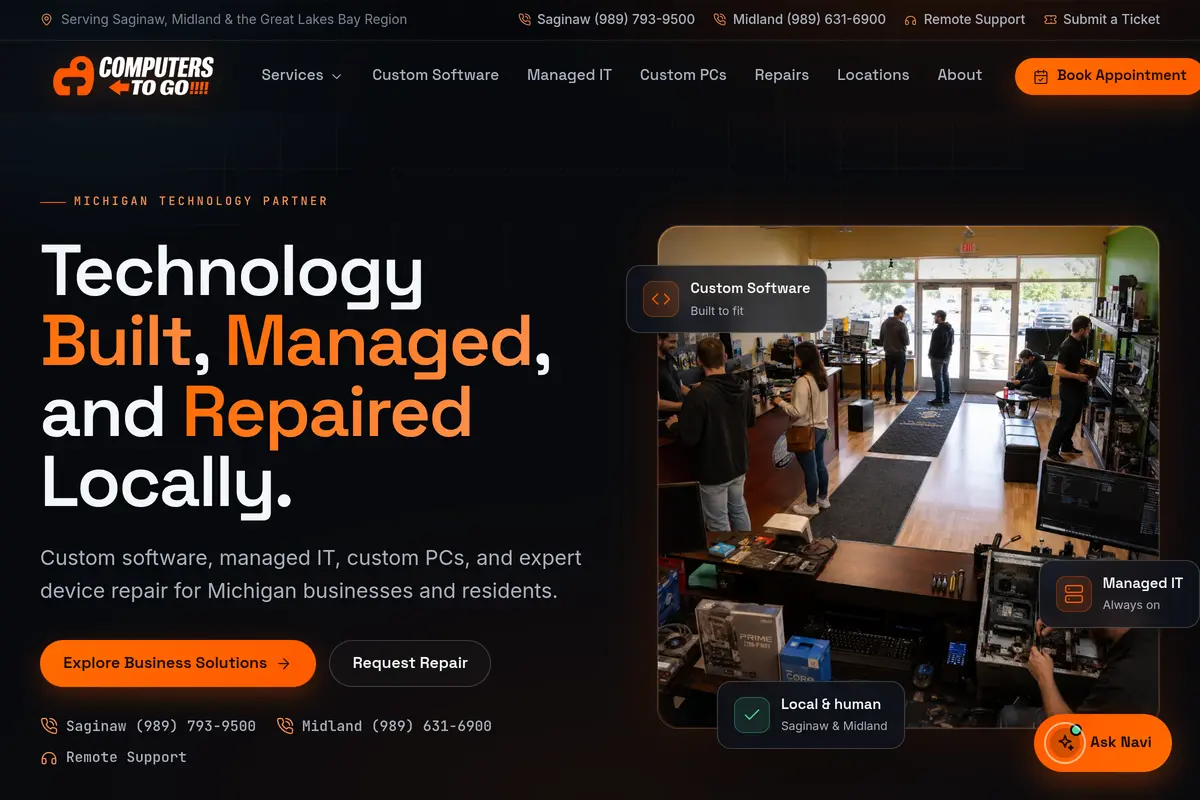 Homepage screenshot of the Computers To Go website built by Vertex Digital Studios