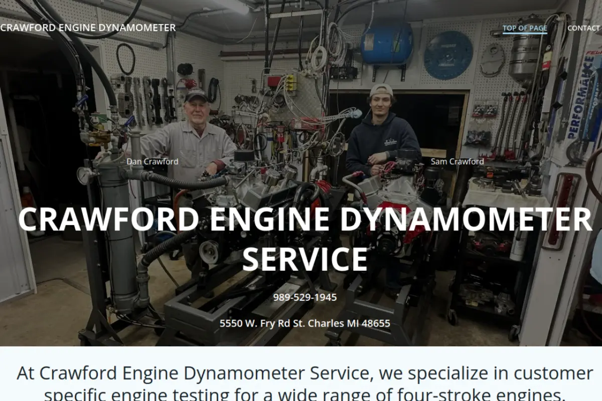 Homepage screenshot of the Crawford Engine Dynamometer website built by Vertex Digital Studios