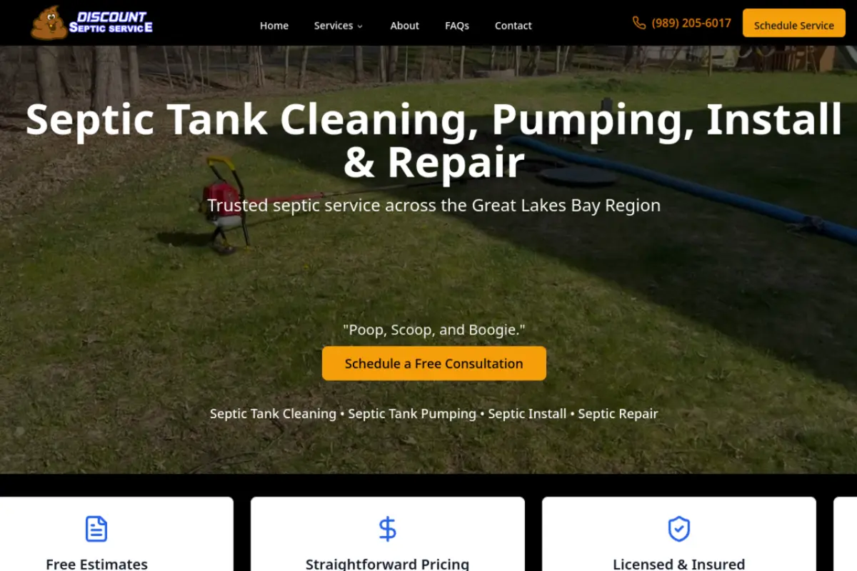 Homepage screenshot of the Discount Septic Service website built by Vertex Digital Studios