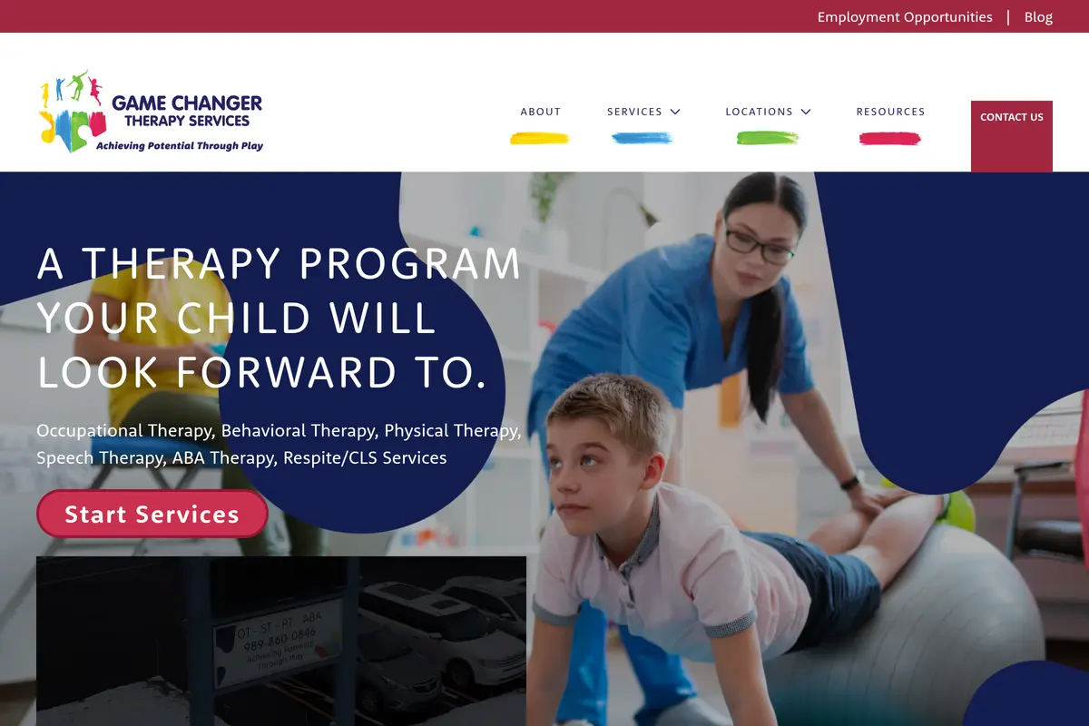 Homepage screenshot of the Game Changer Therapy website built by Vertex Digital Studios