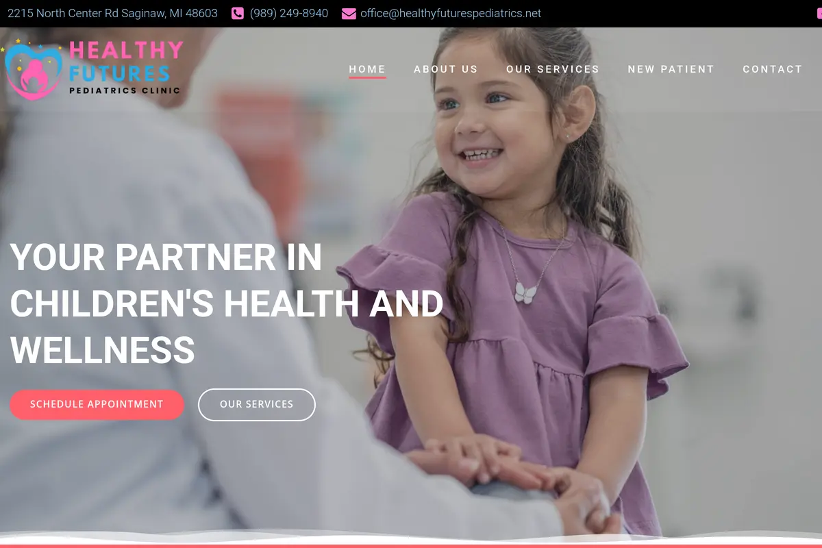 Homepage screenshot of the Healthy Futures Pediatrics website built by Vertex Digital Studios