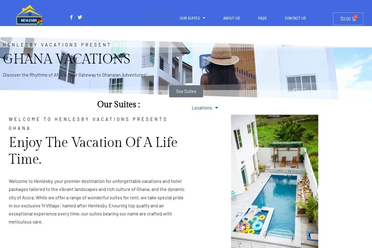 Homepage screenshot of the Henlesby Ghana Vacations website built by Vertex Digital Studios