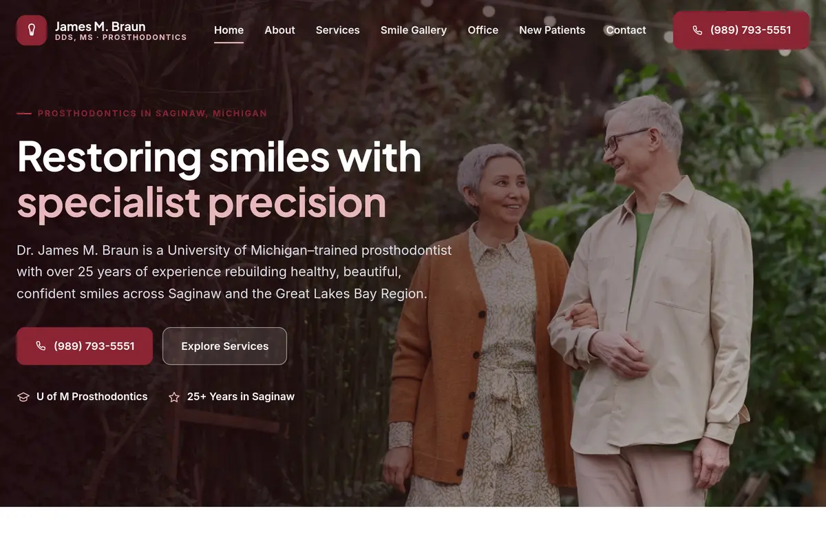Homepage screenshot of the James M. Braun, DDS website built by Vertex Digital Studios