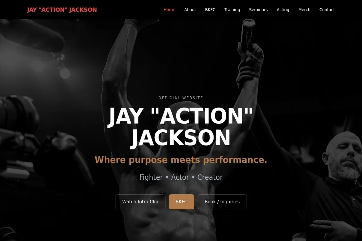 Homepage screenshot of the Jay Action Jackson website built by Vertex Digital Studios
