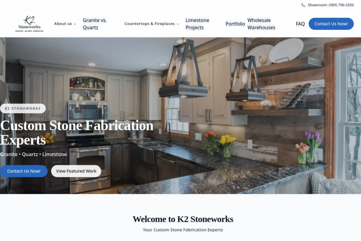 Homepage screenshot of the K2 Stoneworks website built by Vertex Digital Studios