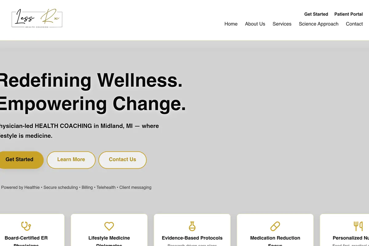 Homepage screenshot of the Less RX Health website built by Vertex Digital Studios