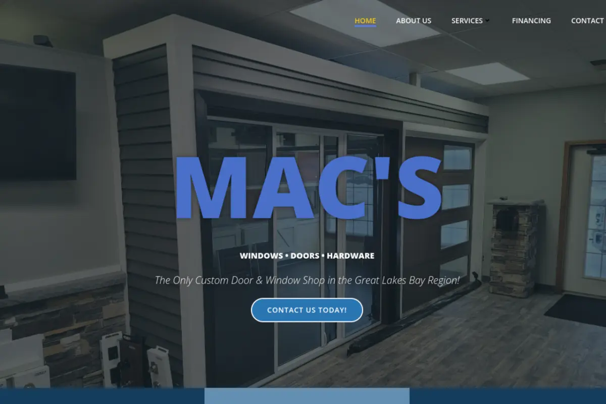 Homepage screenshot of the Mac's Windows and Doors website built by Vertex Digital Studios