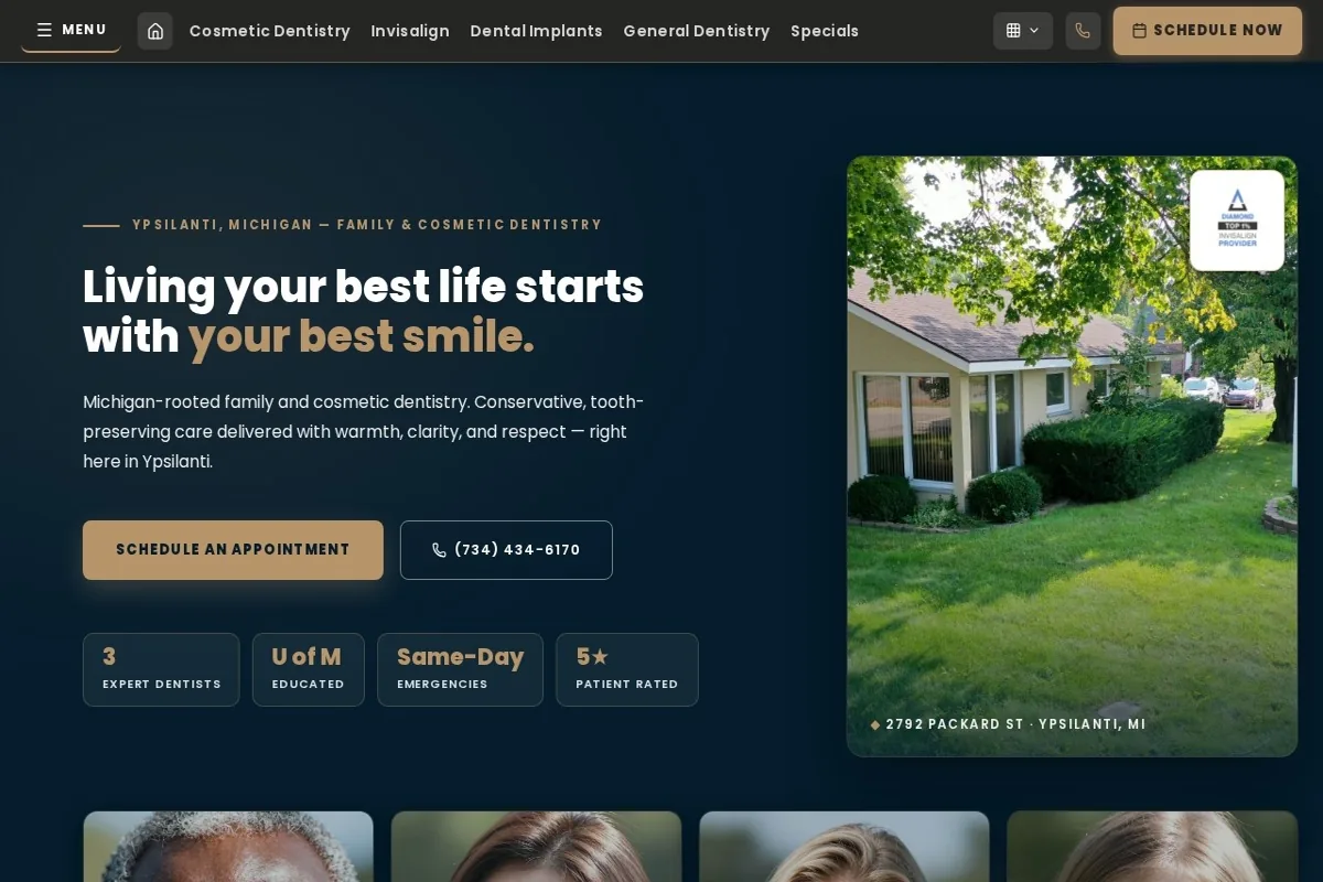 Homepage screenshot of the Maize & Blue Dental website built by Vertex Digital Studios
