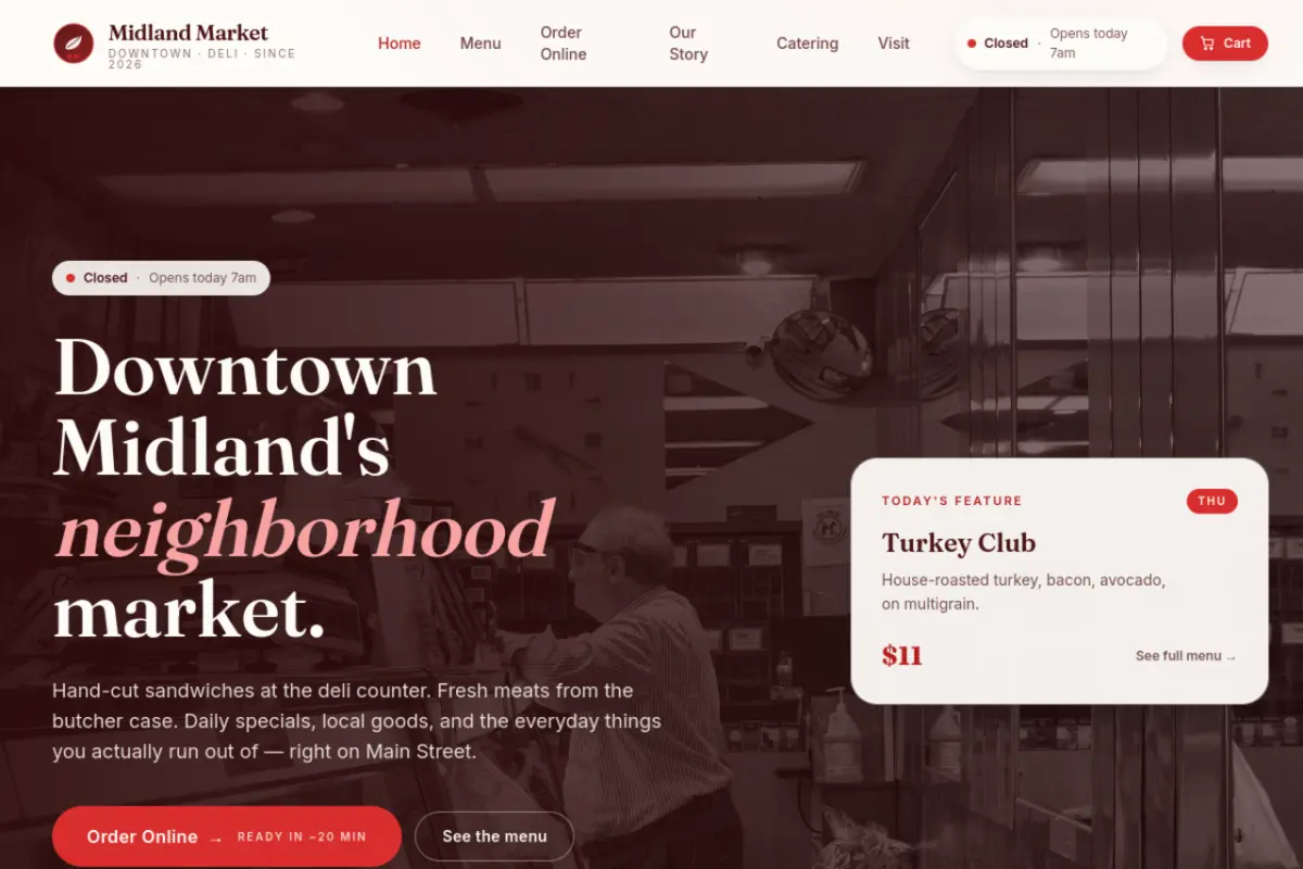 Homepage screenshot of the Midland Market website built by Vertex Digital Studios