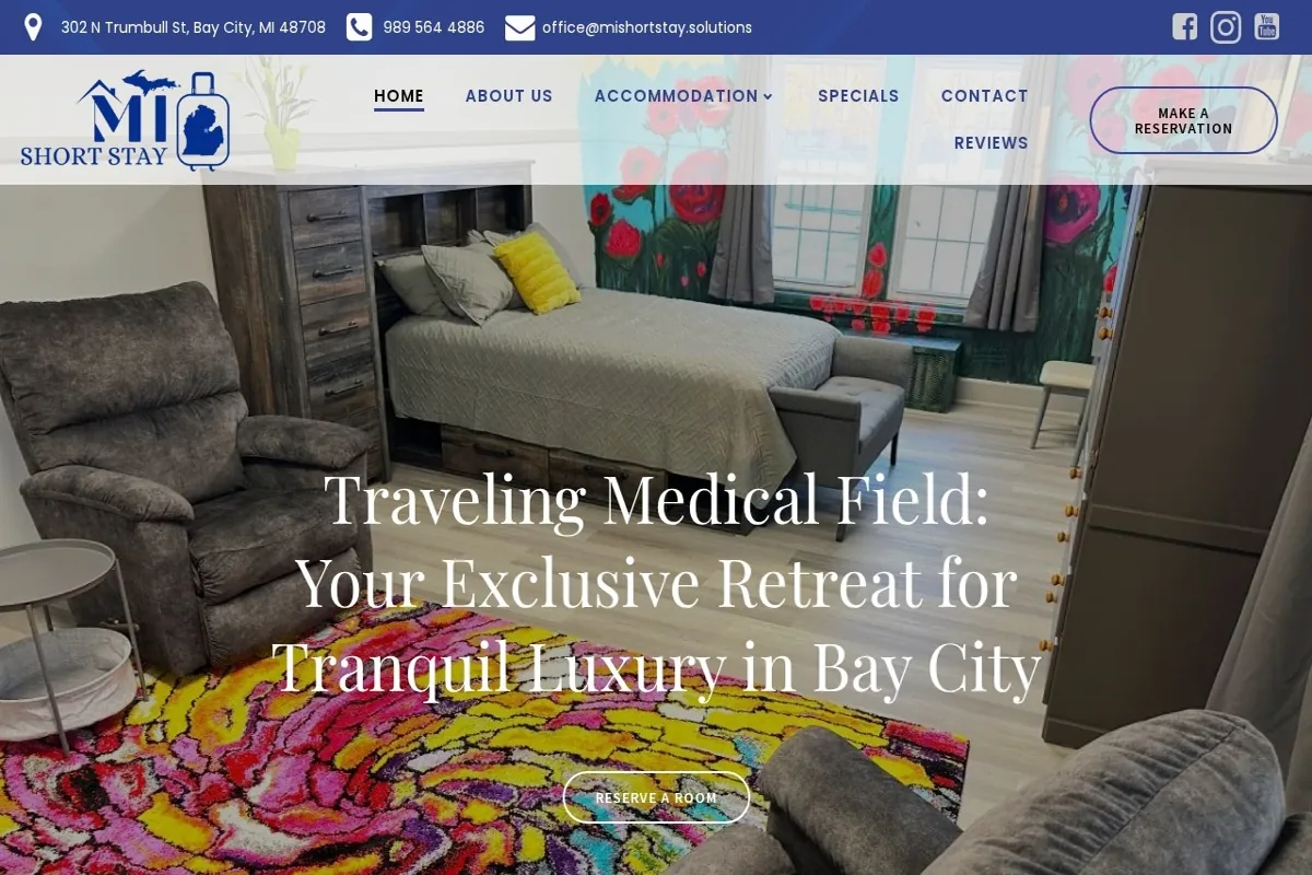 Homepage screenshot of the MI Short Stay website built by Vertex Digital Studios