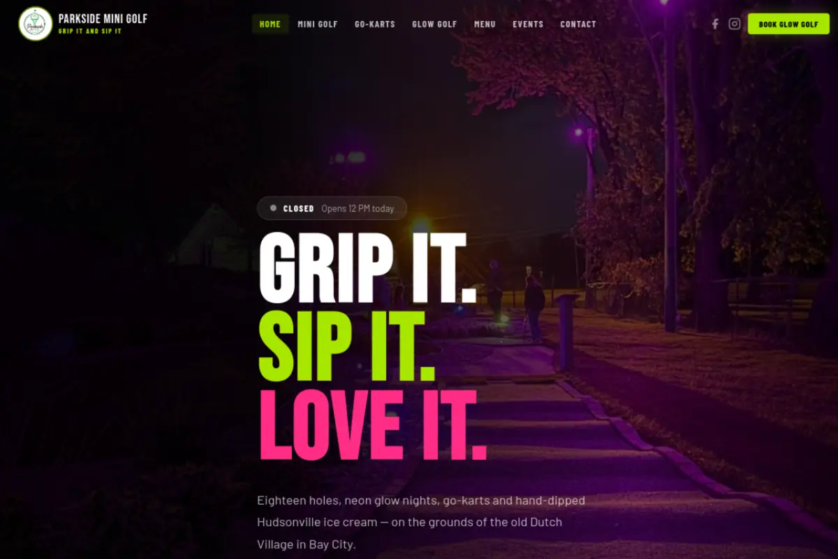 Homepage screenshot of the Parkside Mini Golf website built by Vertex Digital Studios