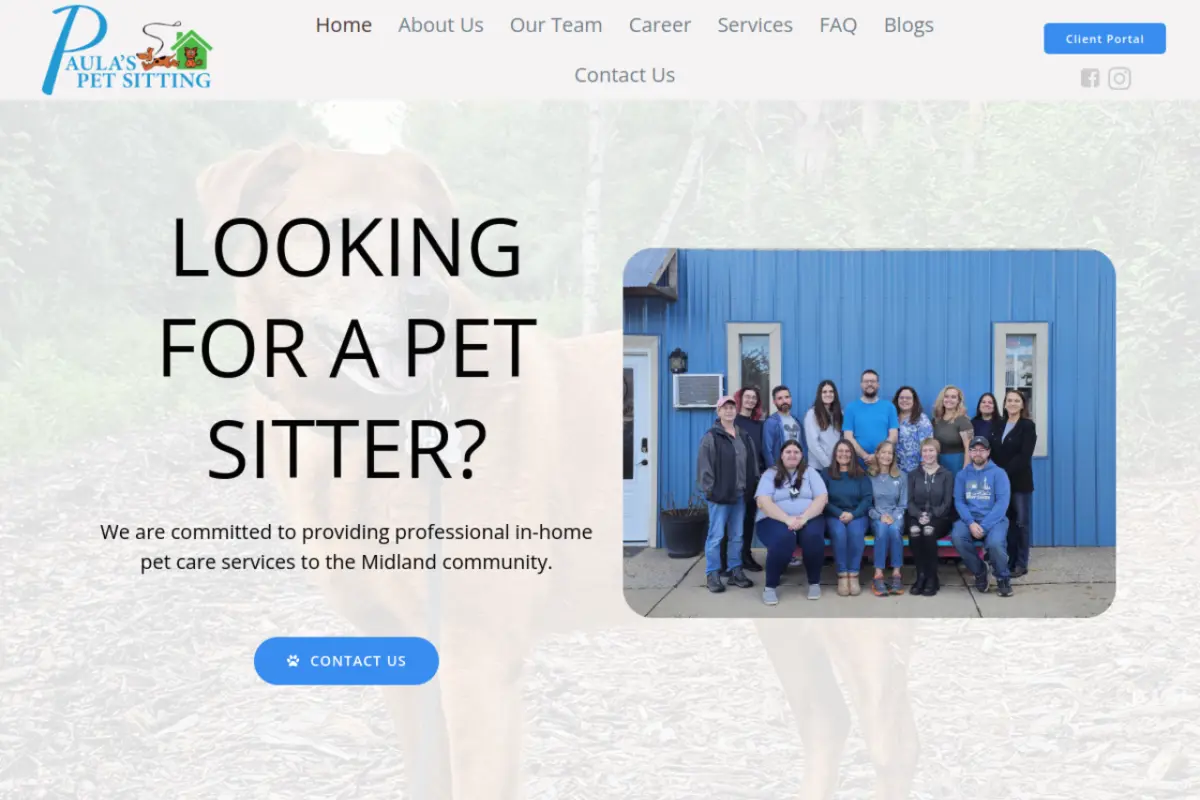 Homepage screenshot of the Paula's Pet Sitting website built by Vertex Digital Studios