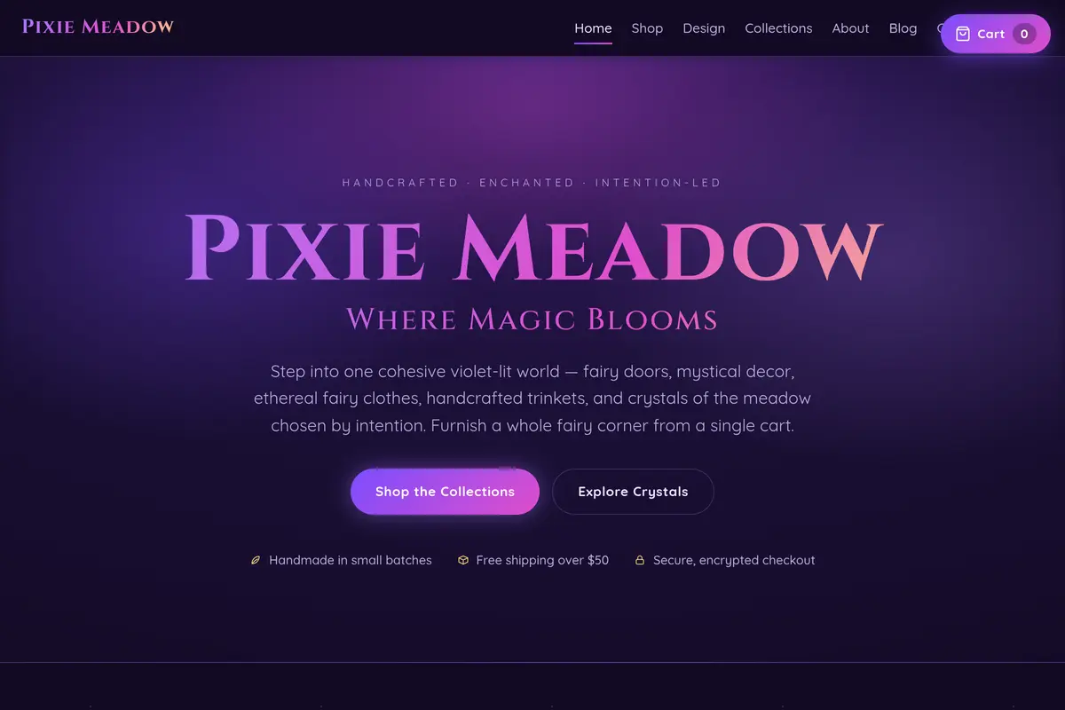 Homepage screenshot of the Pixie Meadow website built by Vertex Digital Studios