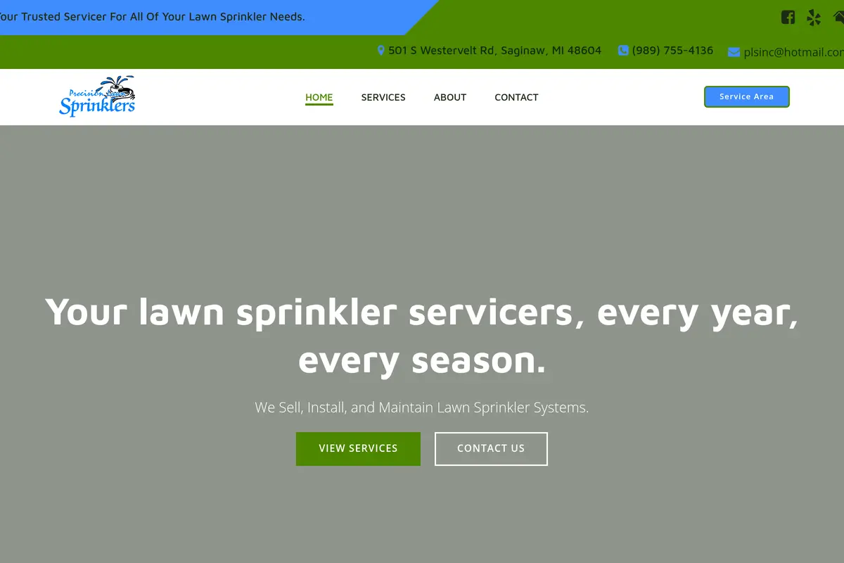 Homepage screenshot of the Precision Lawn Sprinklers website built by Vertex Digital Studios