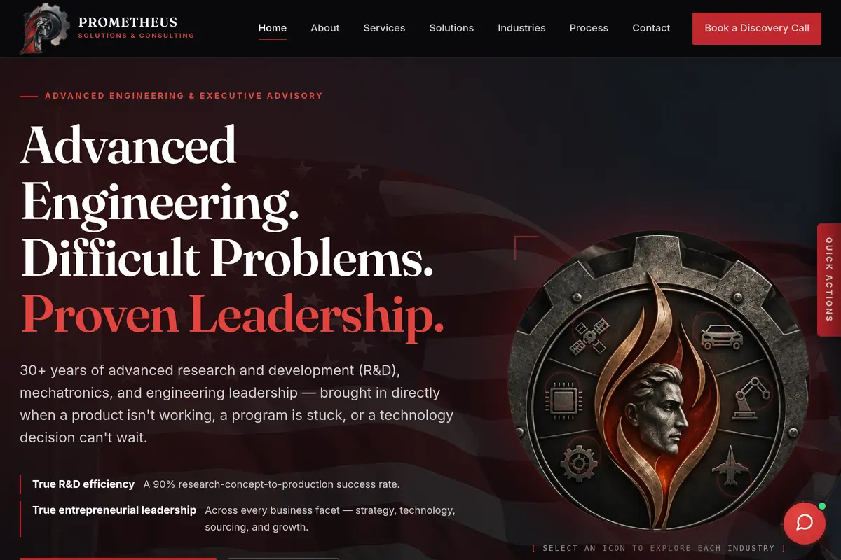 Homepage screenshot of the Prometheus Solutions website built by Vertex Digital Studios