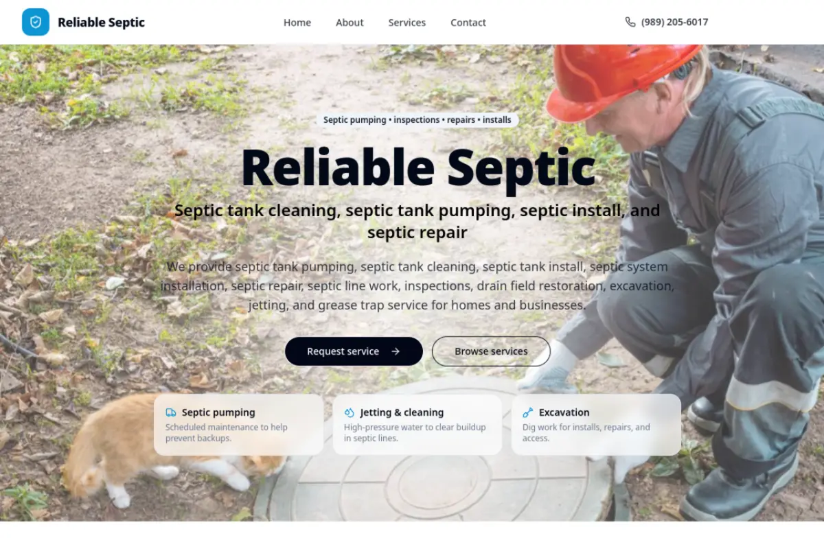 Homepage screenshot of the Reliable Septic website built by Vertex Digital Studios