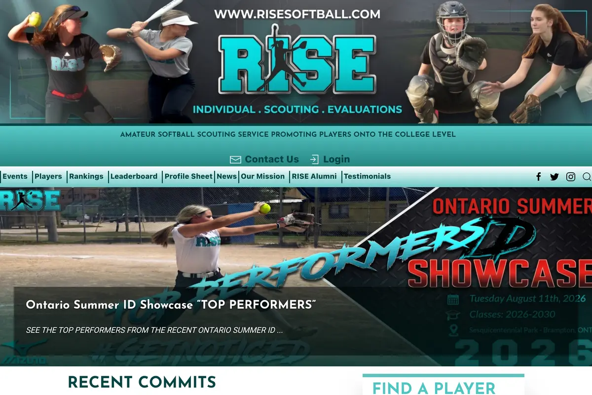 Homepage screenshot of the RISE Softball website built by Vertex Digital Studios