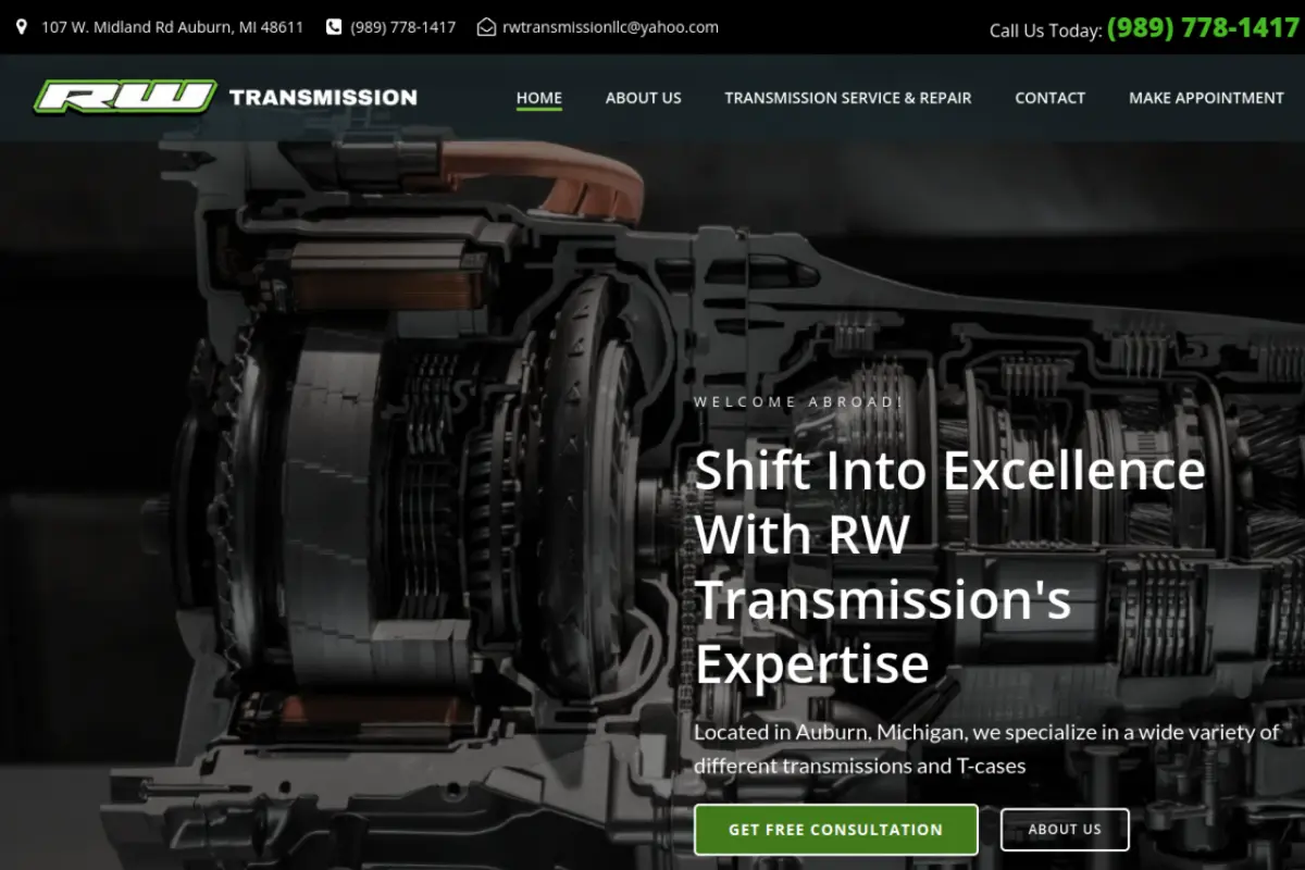 Homepage screenshot of the RW Transmission website built by Vertex Digital Studios