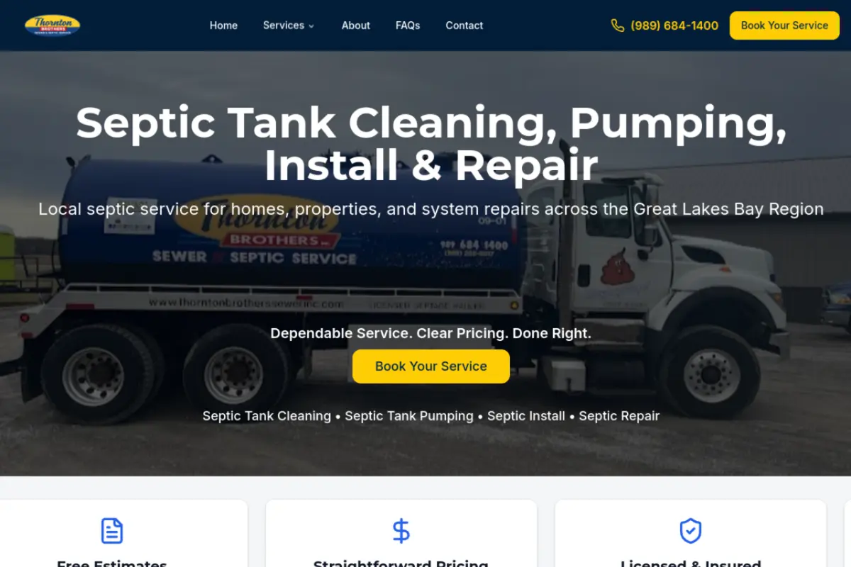 Homepage screenshot of the Thornton Brothers Septic website built by Vertex Digital Studios