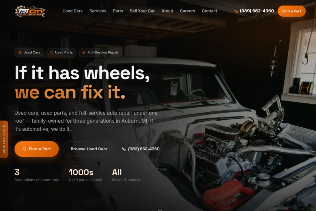 Homepage screenshot of the Tri City Used Cars website built by Vertex Digital Studios