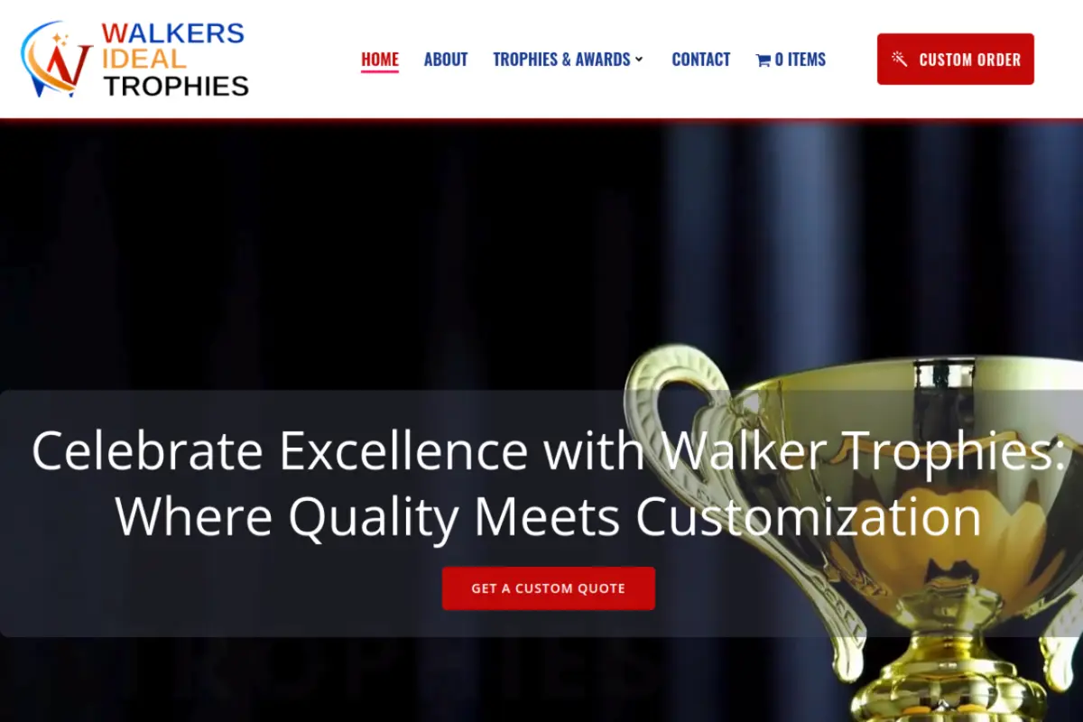 Homepage screenshot of the Walker's Ideal Trophies website built by Vertex Digital Studios