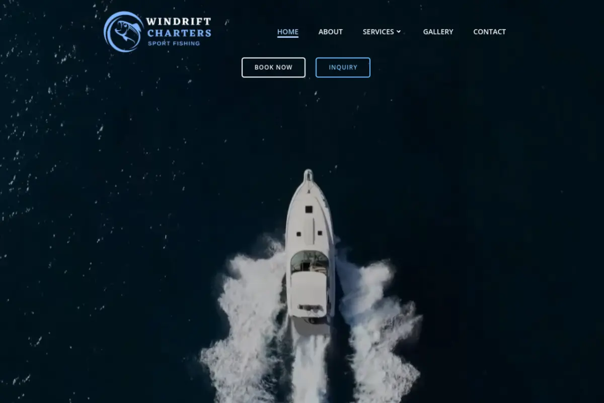 Homepage screenshot of the Windrift Sport Fishing website built by Vertex Digital Studios